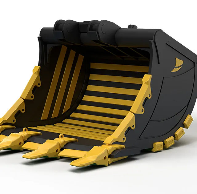 Gul og svart gravemaskinskuffe fra den norske produsenten Klepp Mek. 