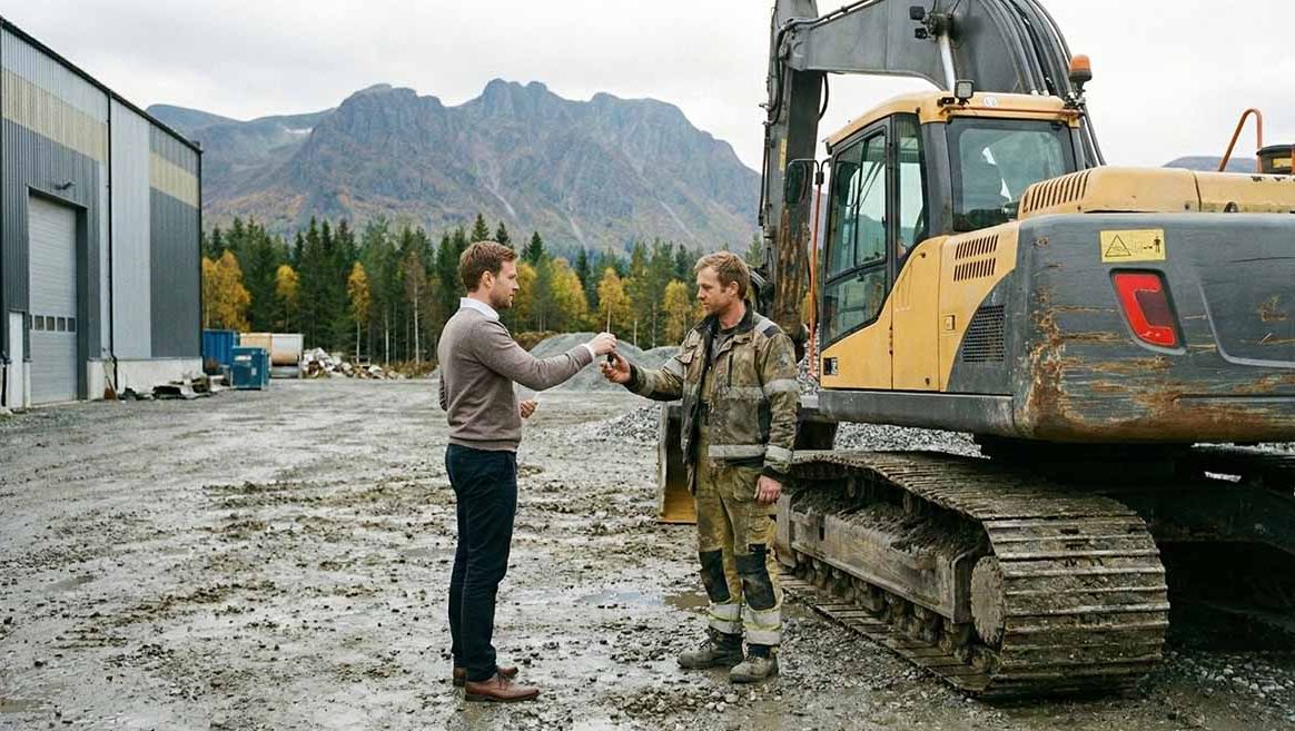 Person overleverer nøkler til ny eier av gravemaskin