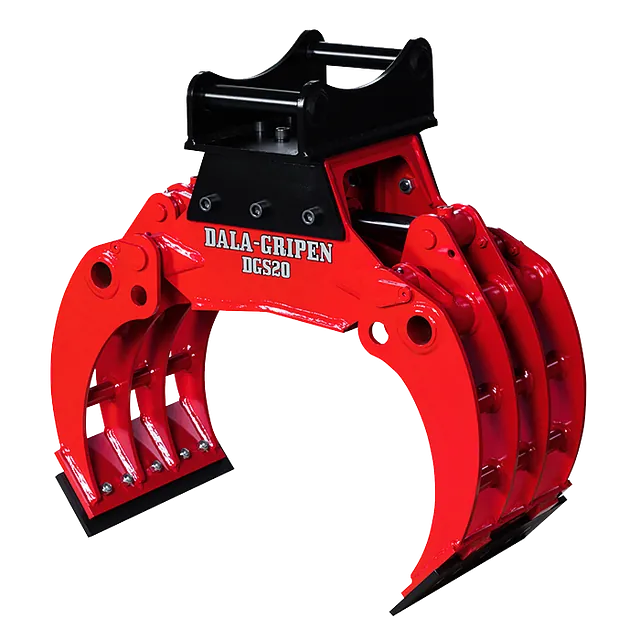 Rød tømmerklo (Dala-Gripen) for montering på gravemaskin eller kran.